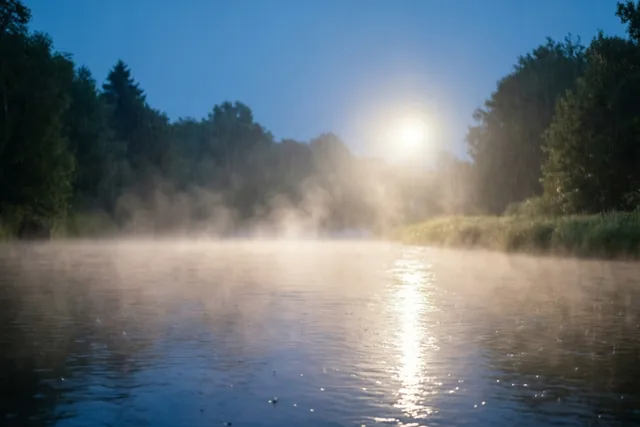 Een kalme rivier met opstijgende mist en bomen langs de oevers weerspiegelt het gouden licht van de opkomende zon onder een blauwe hemel.