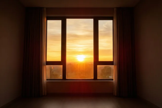 Door een hoog raam in een rustige, sober ingerichte kamer is een zonsopgang te zien in gouden, oranje, gele en diepbruine tinten.