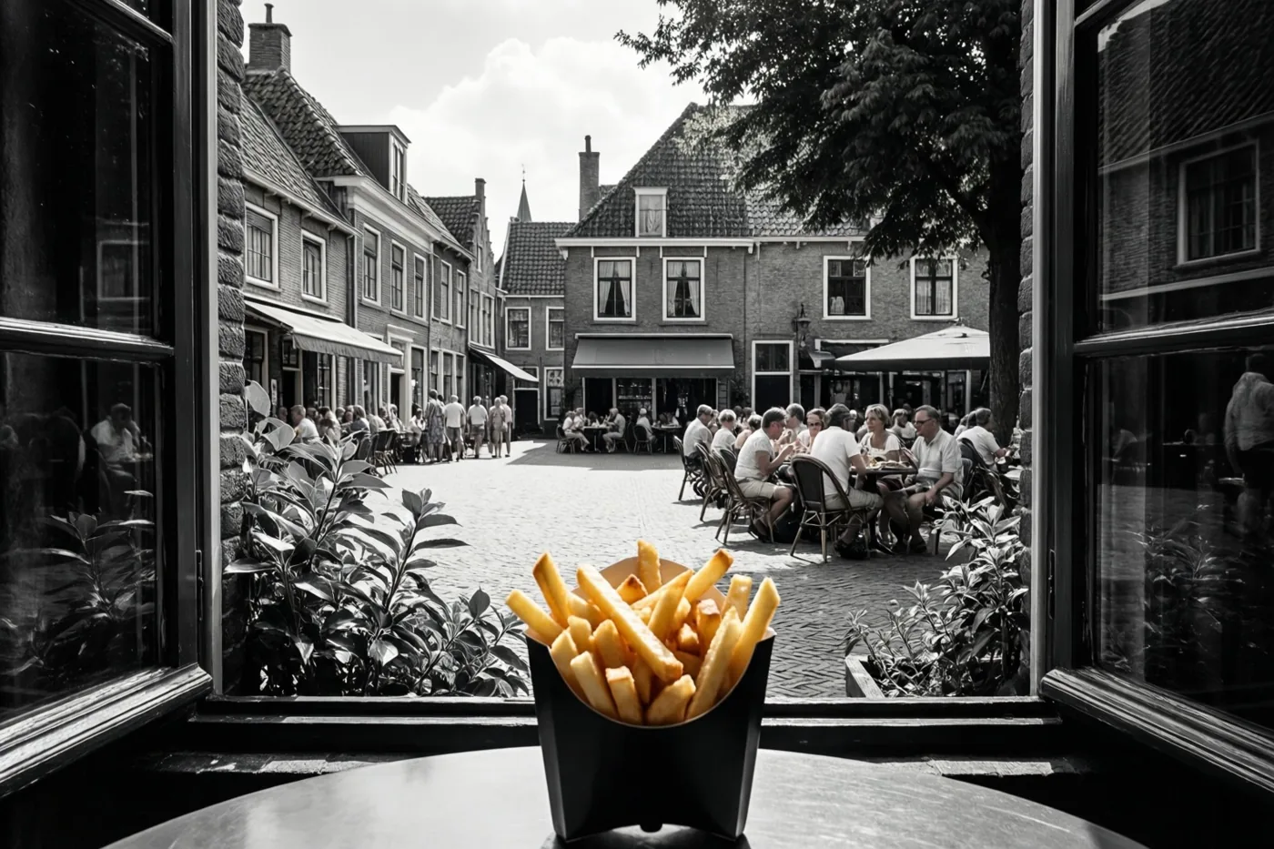 Door een raam zie je een levendig dorpsplein met mensen die buiten eten in zwart-wit, terwijl een bakje goudgele frieten op de voorgrond in kleur is weergegeven.