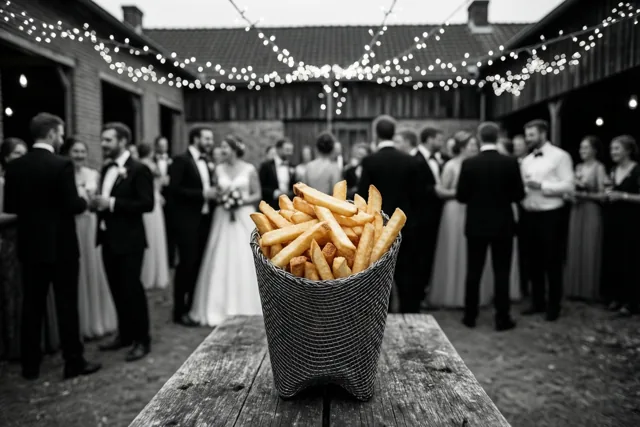 Een mand goudgele frieten staat op een houten tafel, met op de wazige achtergrond feestelijk geklede bruiloftsgasten op een boerenerf onder lichtslingers.
