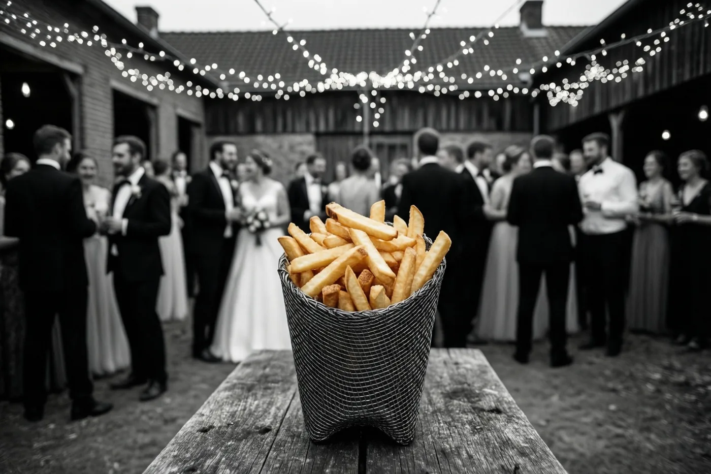 Een mand goudgele frieten staat op een houten tafel, met op de wazige achtergrond feestelijk geklede bruiloftsgasten op een boerenerf onder lichtslingers.