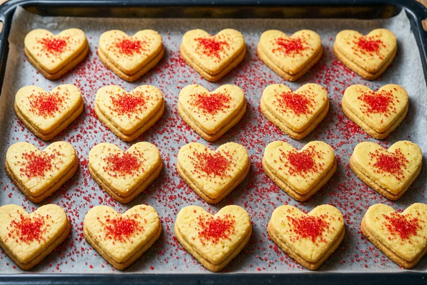 Goudgele hartvormige boterkoekjes, vers uit de oven en bestrooid met rode suiker, liggen netjes op grijs bakpapier op een bakplaat.