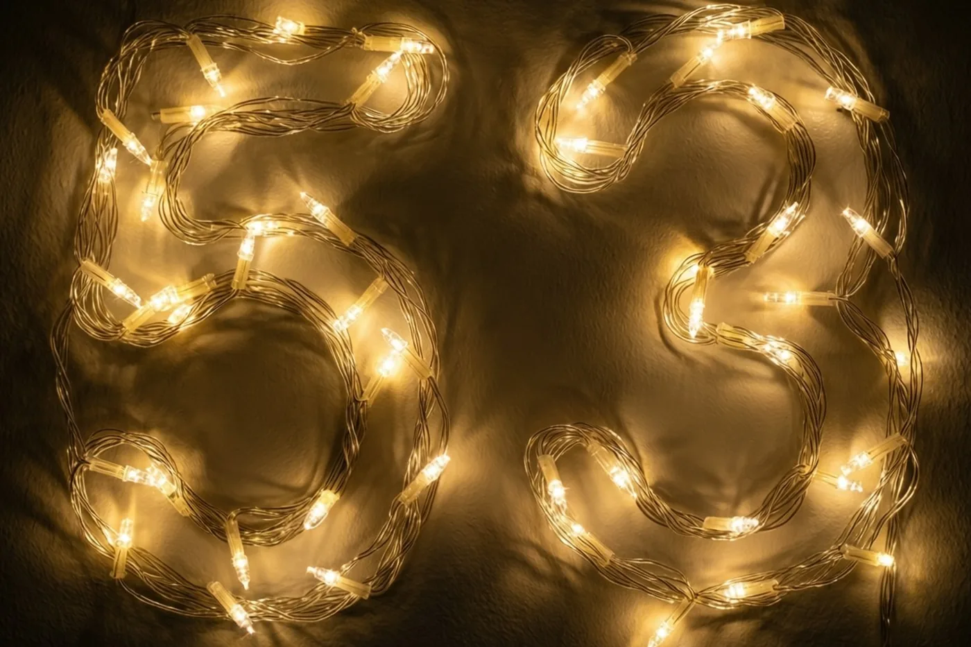 Goudgele lichtjes vormen het getal 53 op een donkere muur tegen een zwarte achtergrond.