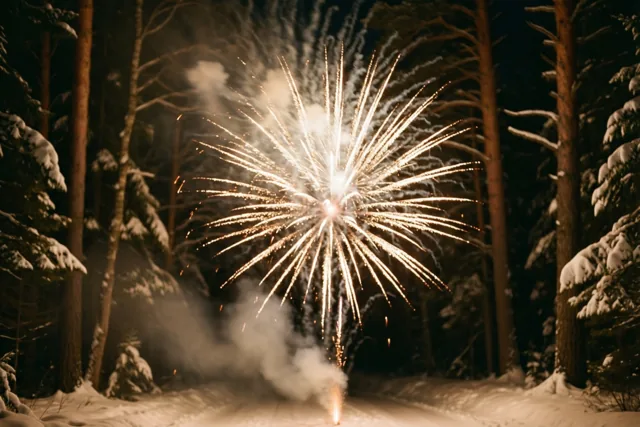 Goudgele vuurwerkvonken en witte rook verlichten de nachthemel boven donkere, besneeuwde bomen.