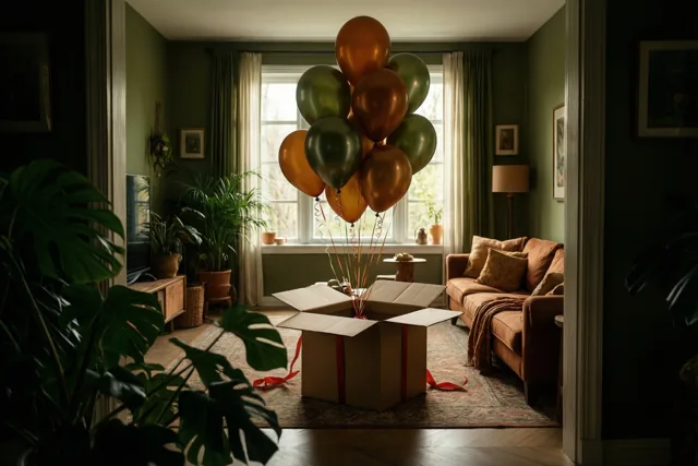 Goudkleurige en groene metallic ballonnen stijgen uit een open kartonnen geschenkdoos met rood lint in een schemerige woonkamer met groene muren, een bruine zetel en grote kamerplanten.