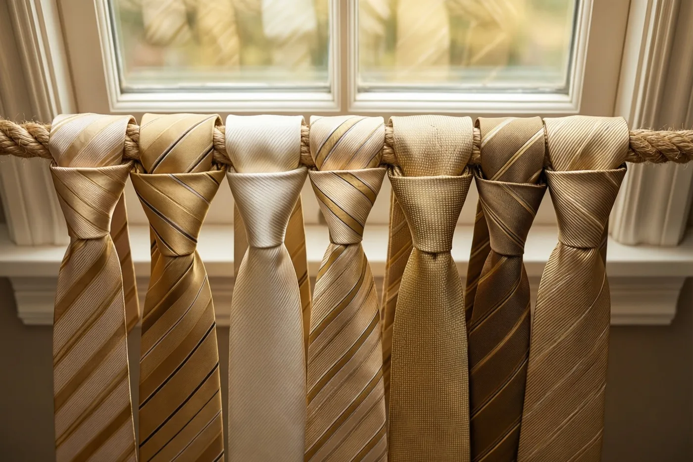 Goudkleurige en beige dassen hangen aan elkaar geknoopt aan een touw voor een raam in warm goudkleurig licht.