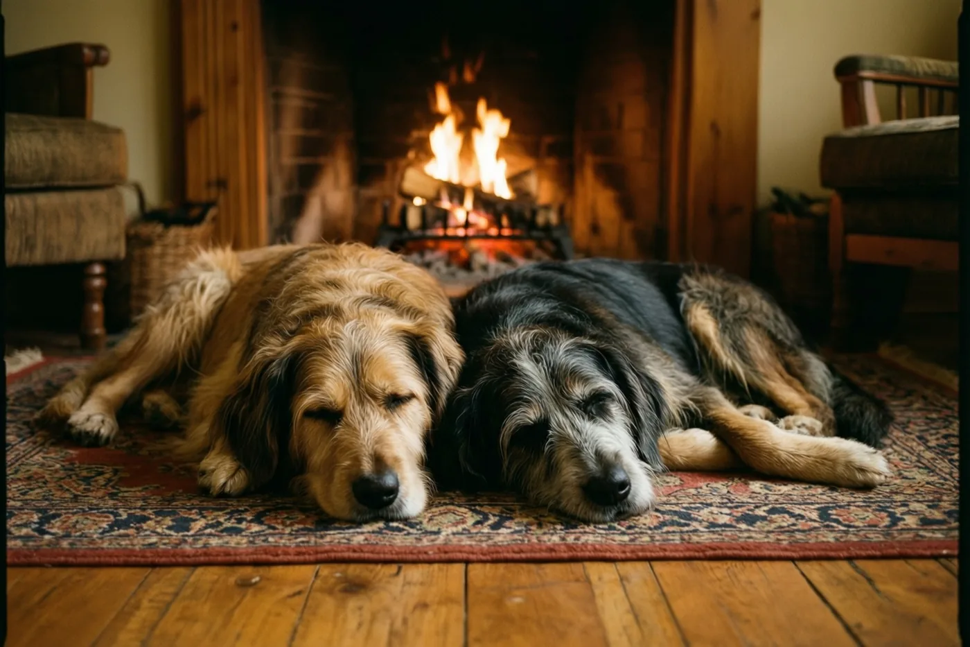 Een goudkleurige hond en een zwart-witte hond slapen naast elkaar op een tapijt met patronen voor een brandende open haard.