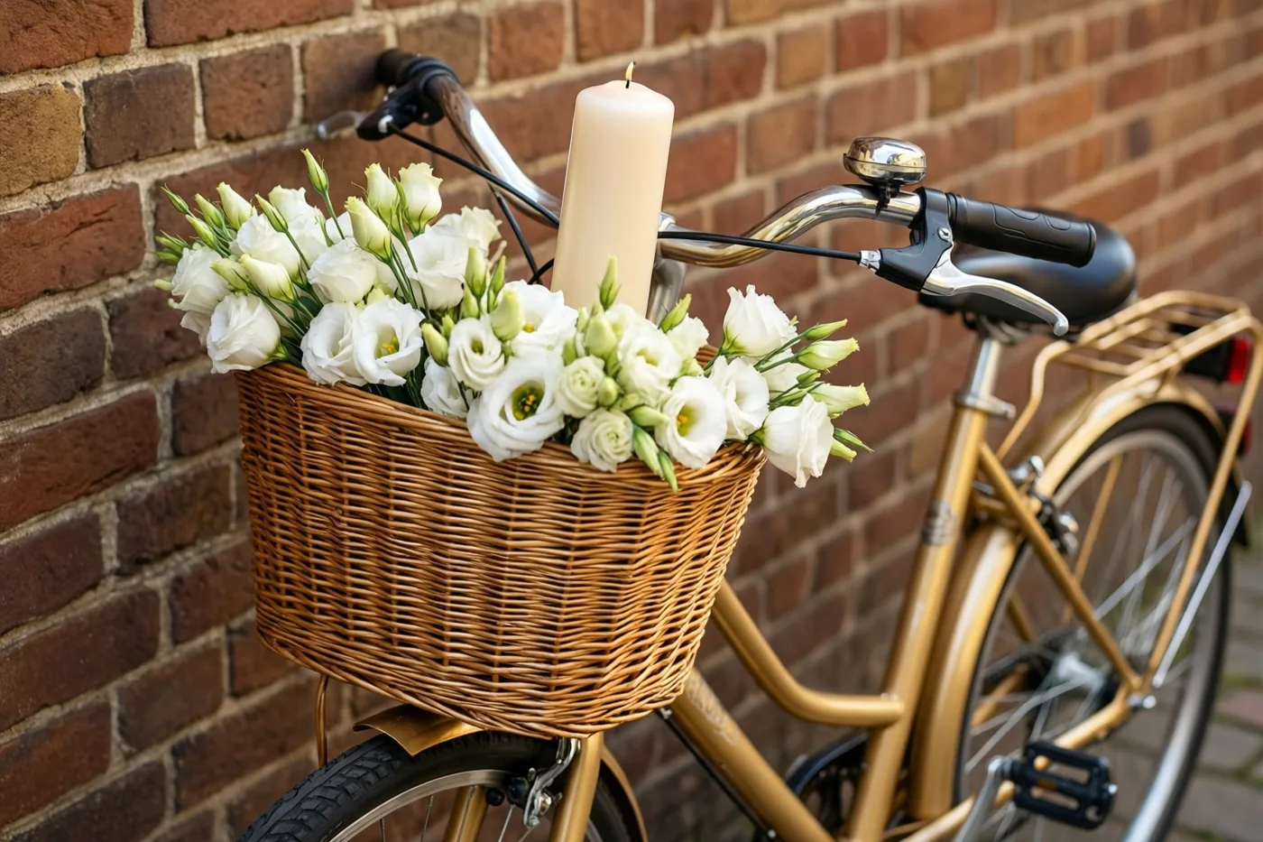 Een goudkleurige fiets met een rieten mand vol witte bloemen en een witte communiekaars leunt tegen een rode bakstenen muur in zacht natuurlijk licht.