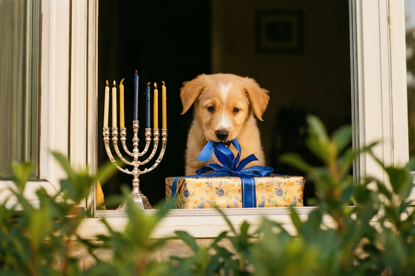 Door een raam met groen blad op de voorgrond is een goudkleurige puppy te zien die op een blauw cadeaulint kauwt naast een zilveren kandelaar met brandende kaarsen.