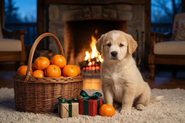 Een pluizige goudkleurige puppy zit op een wit tapijt naast een rieten mand met mandarijnen en twee kleine ingepakte cadeautjes, voor een brandende stenen haard.