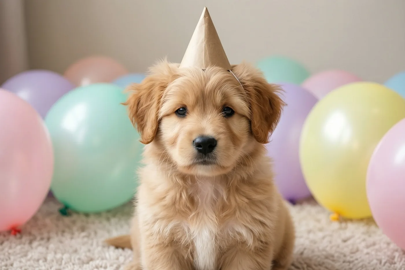 Een pluizige goudkleurige puppy met een klein papieren feesthoedje zit op een zacht beige tapijt tussen pastelkleurige ballonnen.