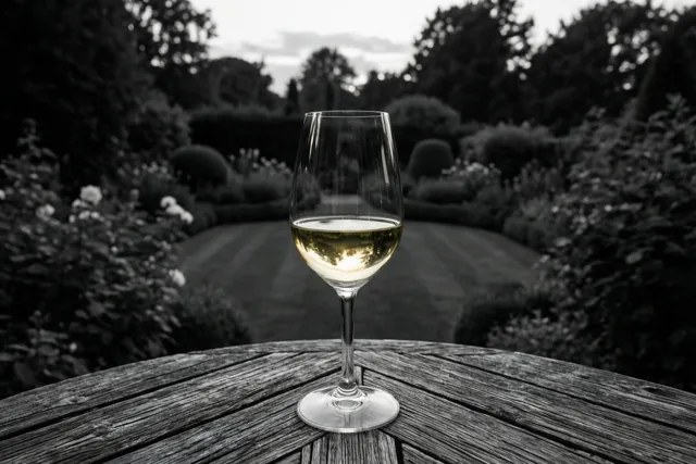 Een glas witte wijn staat op een verweerde houten tafel met een tuinpad en bladeren op de achtergrond, waarbij alleen de wijn goudkleurig is in het zwart-witbeeld.