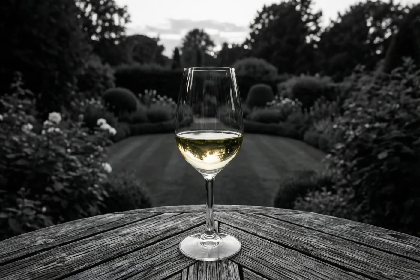 Een glas witte wijn staat op een verweerde houten tafel met een tuinpad en bladeren op de achtergrond, waarbij alleen de wijn goudkleurig is in het zwart-witbeeld.
