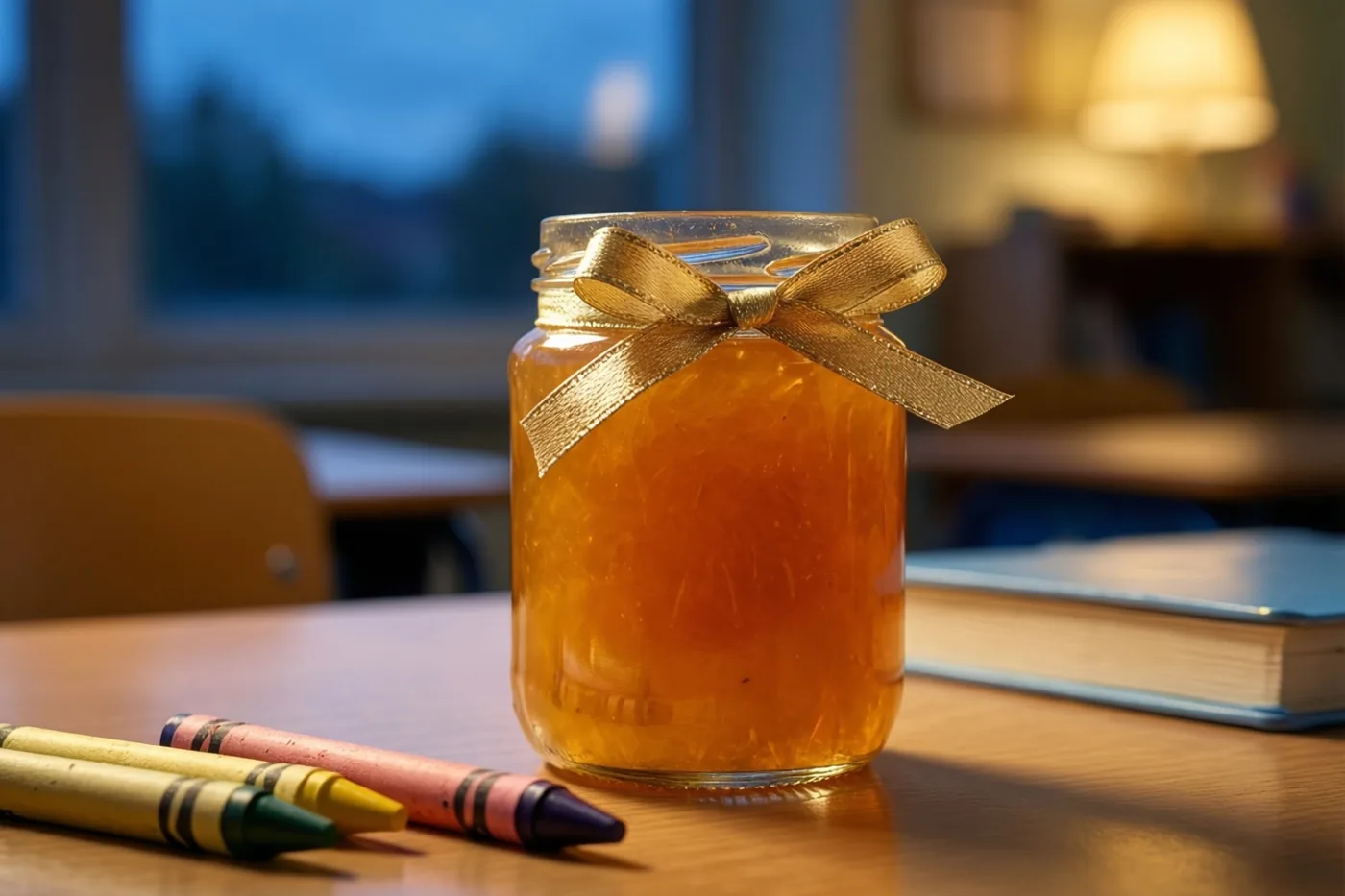 Een glazen pot goudoranje zelfgemaakte confituur met een gouden lint staat op een houten schoolbank naast drie gebruikte waskrijtjes, met een raam en een lamp wazig op de achtergrond.