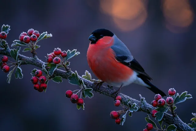 Een mannetjesgoudvink met een felrode borst zit op een berijpt meidoorntakje met rode bessen, met warme, wazige lichtjes op de achtergrond.