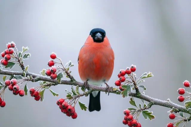 Een mannetjesgoudvink met een felrode borst zit op een berijpte meidoorntak met rode bessen tegen een zacht bewolkte winterlucht.