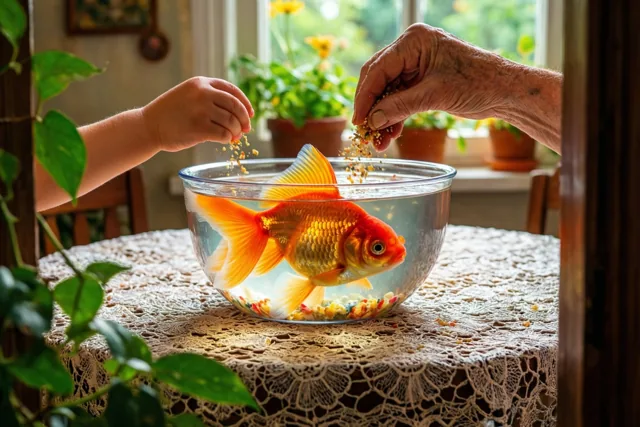 Een goudvis zwemt in een doorzichtige glazen kom op een tafel met een kanten kleed terwijl een volwassen hand en een kinderhand voer strooien, in een zonnige keuken met potplanten.