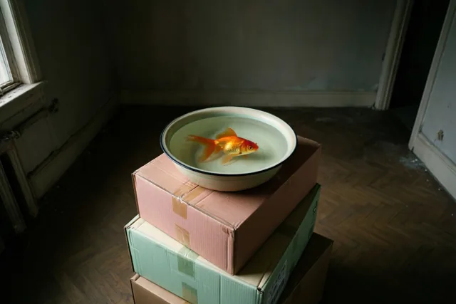 Een goudvis zwemt in een ronde keramieken kom op verhuisdozen in een lege kamer met houten vloer en zacht daglicht uit een raam.
