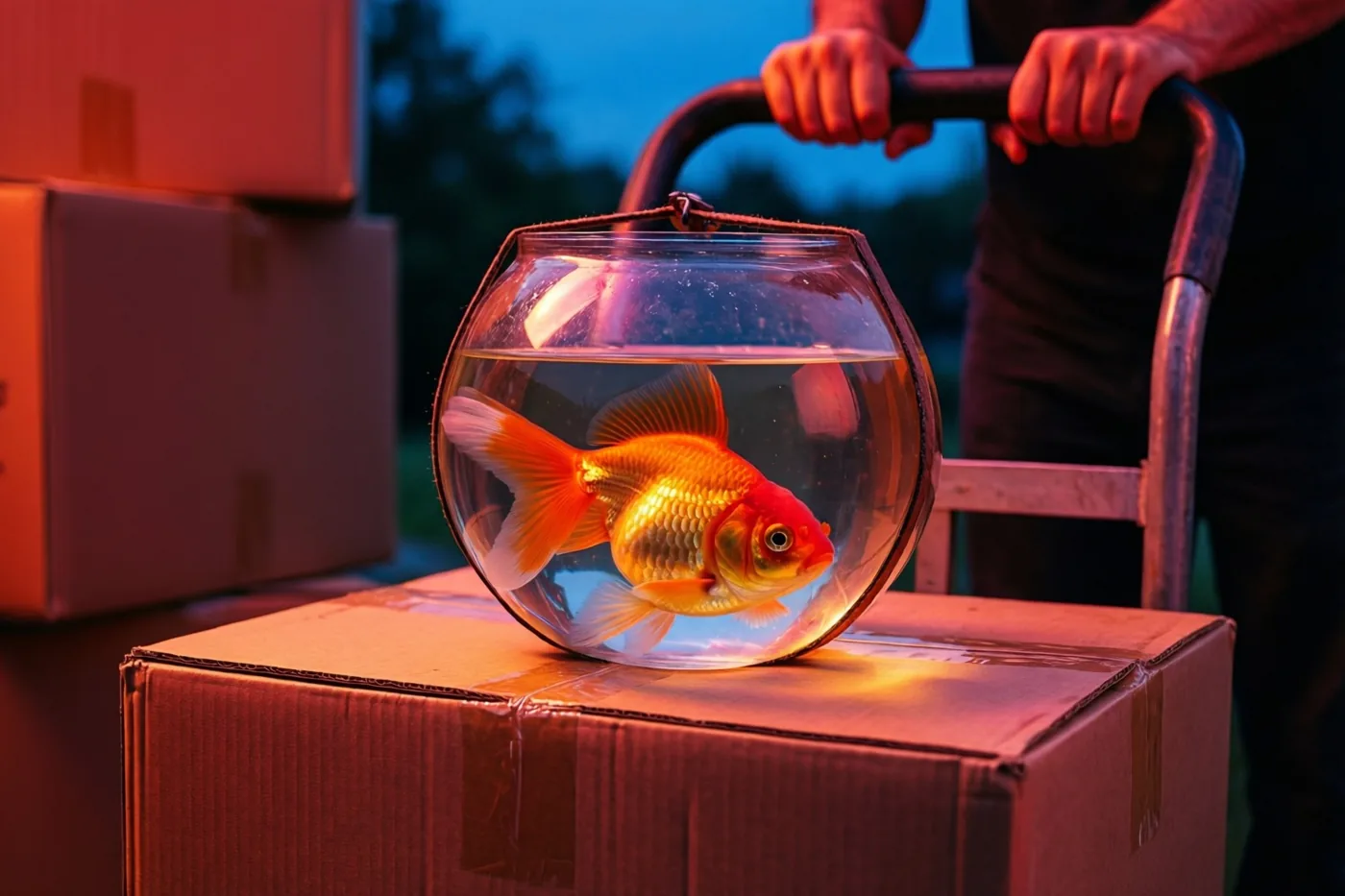 Een persoon duwt een steekwagen met een kartonnen verhuisdoos en daarop een ronde kom met een goudvis, in warm oranje licht tegen een schemerblauwe achtergrond.