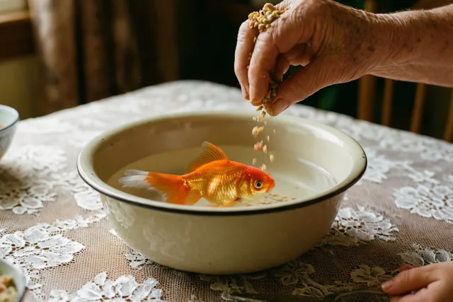 Een oude hand en een kleine kinderhand strooien voer in een ronde kom met een goudvis op een keukentafel met een kanten kleed, in warm licht.