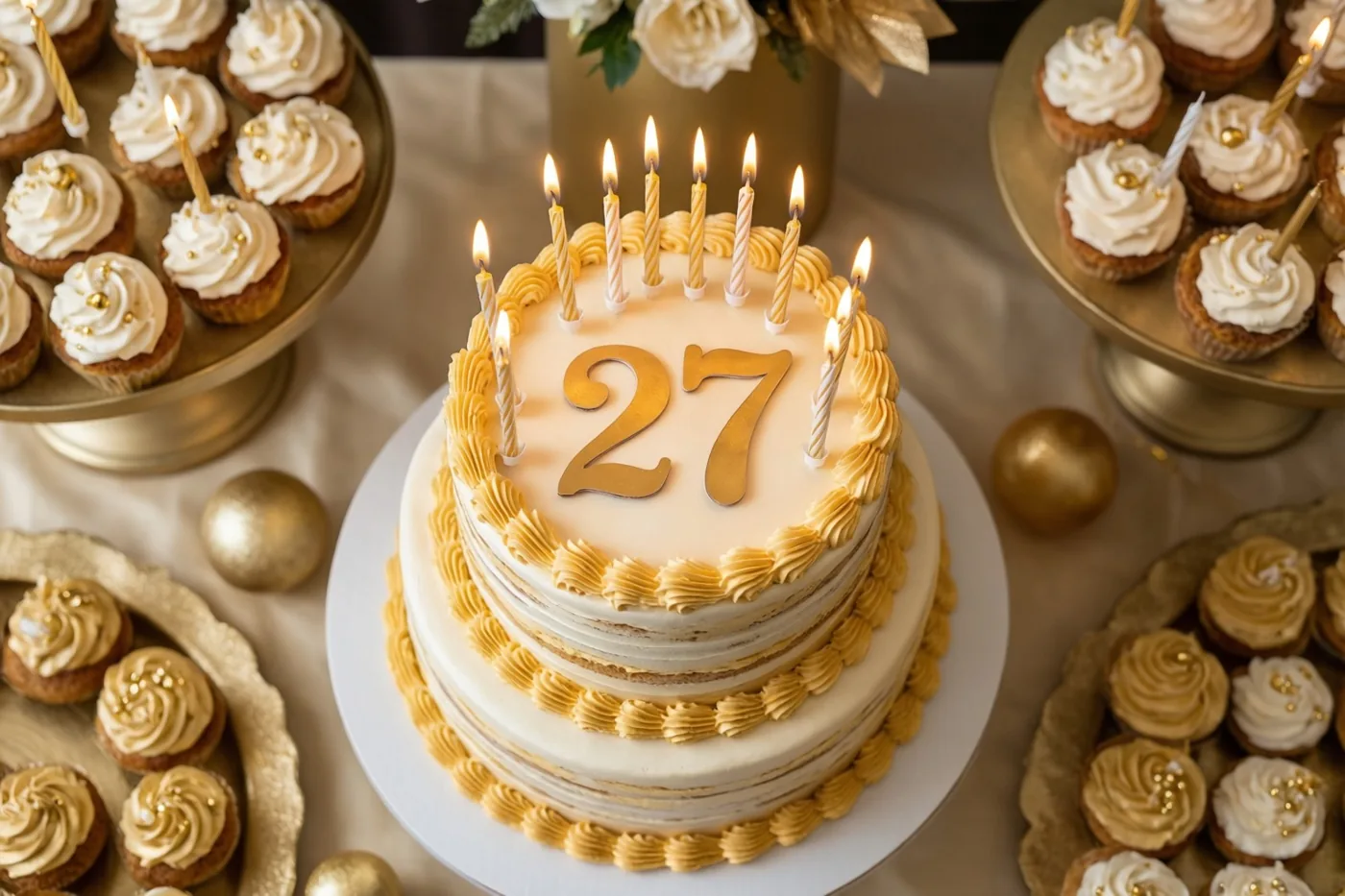 Een taart met meerdere lagen en goudkleurig en wit glazuur draagt brandende kaarsen en een gouden papieren versiering met 27, omringd door cupcakes op gouden staanders.