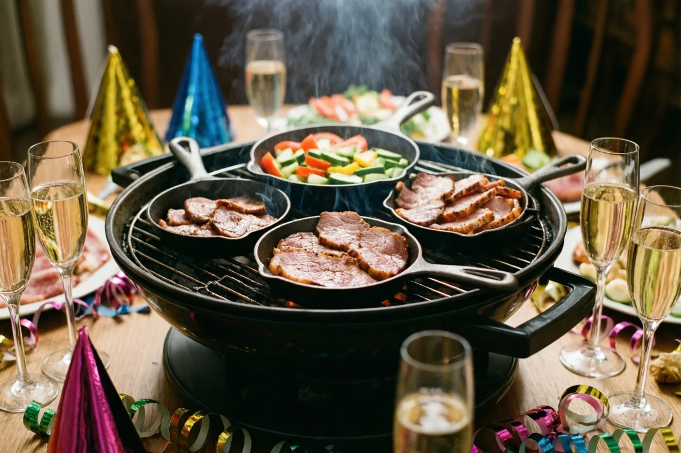 Op een houten tafel staat een rokende tafelgrill met vier pannetjes vlees en groenten tussen champagneglazen, feesthoedjes en gouden, blauwe en paarse slingers.