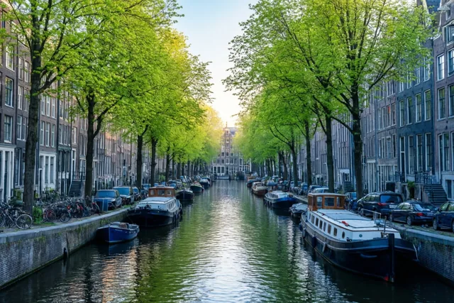 Zacht ochtendlicht valt op een gracht met oude bakstenen gevels, aangemeerde boten en lindebomen met frisgroene bladeren.