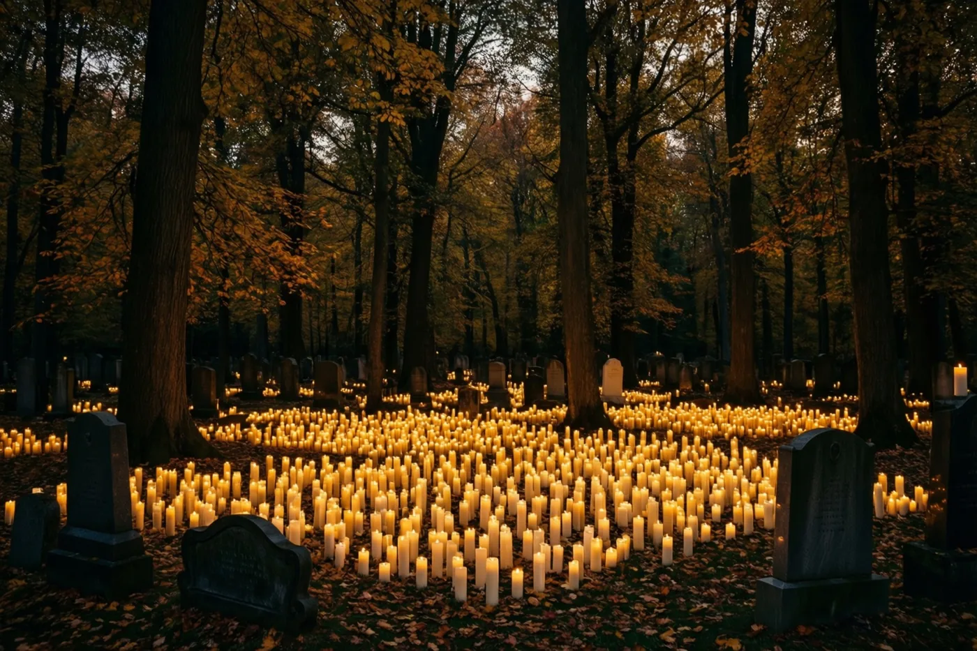 Honderden brandende grafkaarsen vullen een open plek in een herfstbos bij schemering, met warme gele en oranje tinten in het kaarslicht en de bladeren.