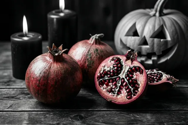 Granaatappels, waaronder een opengesneden exemplaar, liggen op een donkere houten tafel bij twee brandende zwarte kaarsen en een uitgesneden pompoen tegen een monochrome achtergrond.