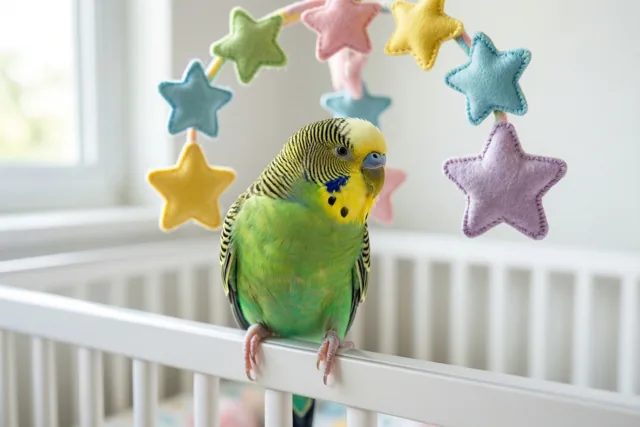 Parkietje zegt welkom, kleine baby