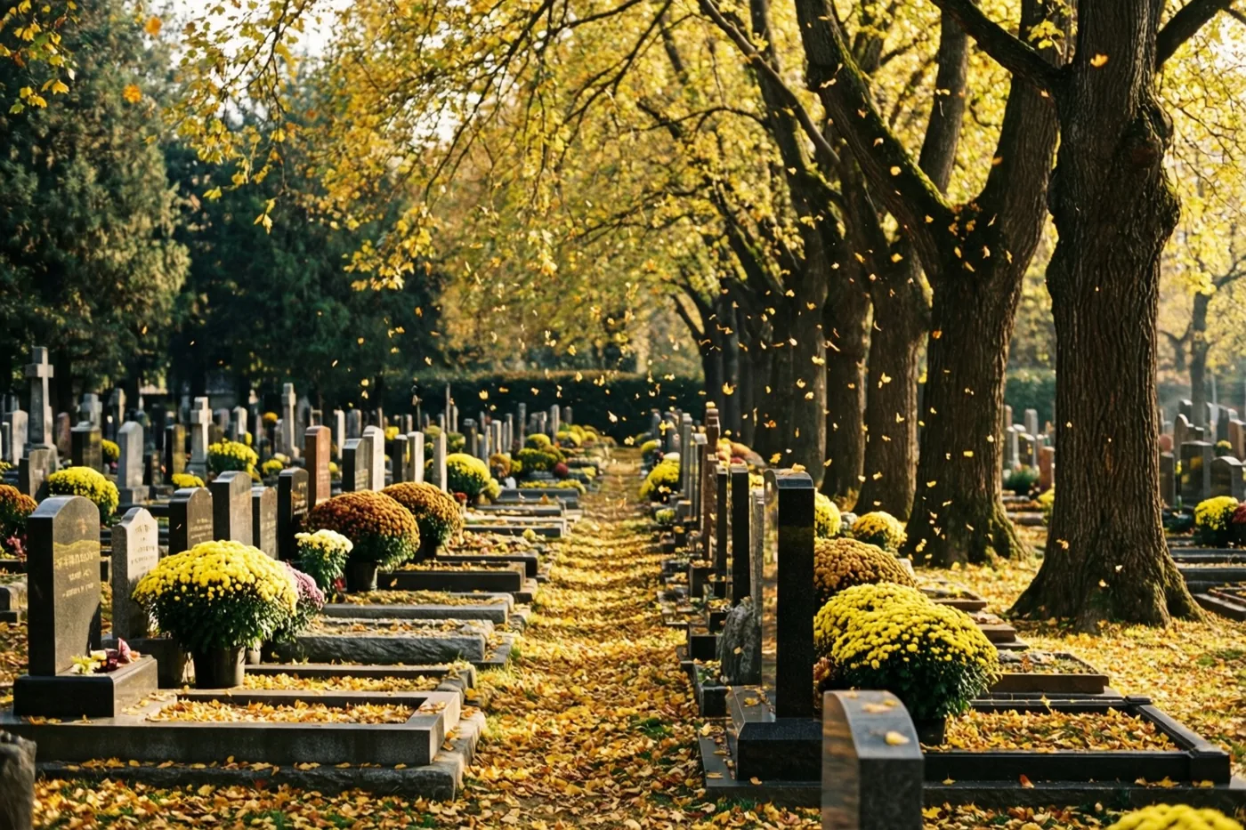 Rijen graven met felgele chrysanten liggen onder hoge lindebomen met vallende gouden bladeren in warm herfstlicht.