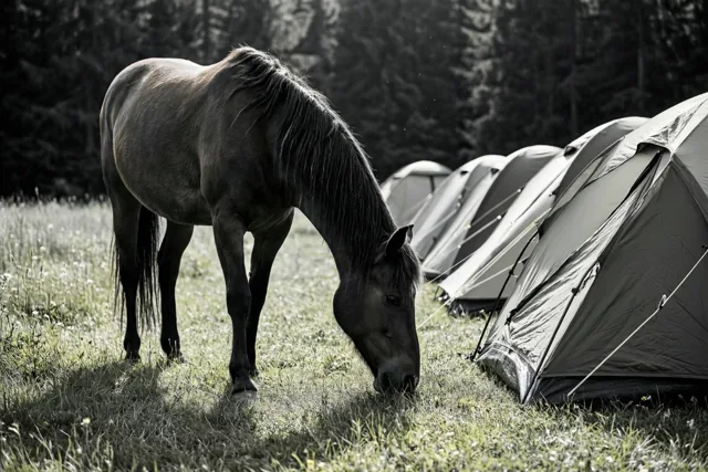 Op een zwart-witfoto graast een paard in een weide naast een rij kampeertenten, in een bosrijke omgeving.