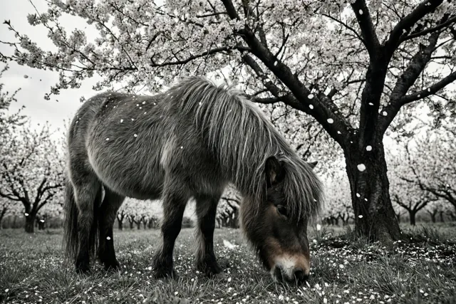 Een pony onder lentebloesems