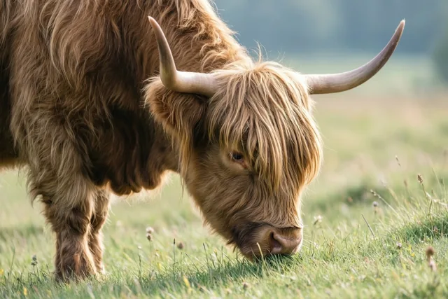 Een ruige Schotse hooglander met een lange lok graast in een zonnige weide, in een beeld met bruine, groene en beige tinten.