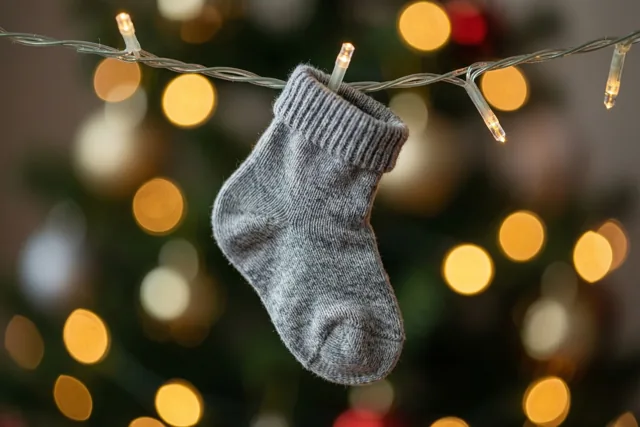 Een klein grijs babysokje hangt aan een lichtsnoer, met wazige goudkleurige lichtjes op de achtergrond.