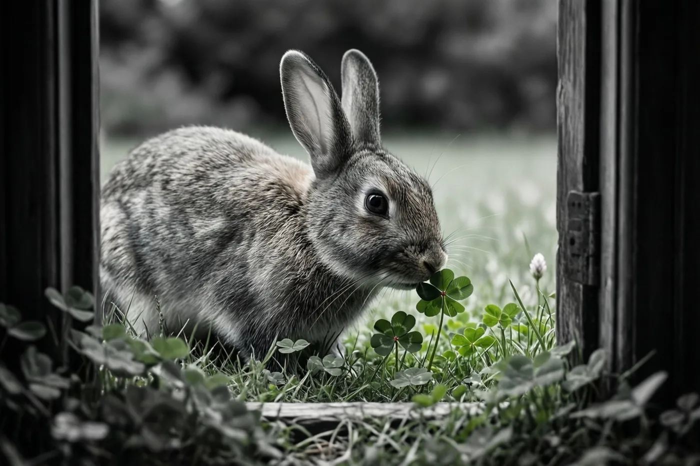 Een grijs konijn snuffelt aan een felgroen klavertjevier tussen donkere houten palen, met het konijn en de omgeving in grijstinten.