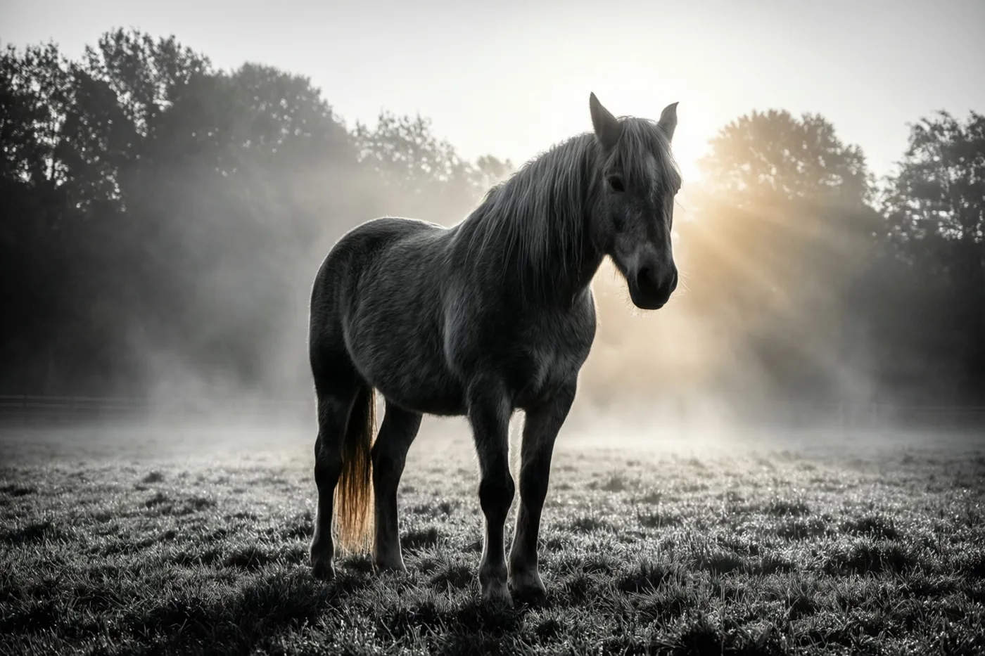 Een grijs paard staat in een mistige graswei met bomen op de achtergrond en de opkomende zon achter zich.