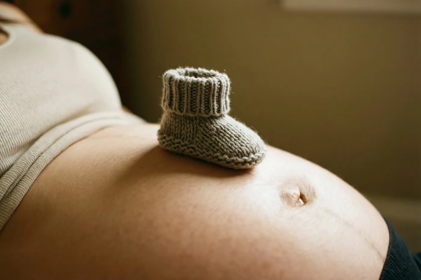 Een klein grijs gebreid babyslofje rust op een ronde zwangere buik in zacht warm licht.