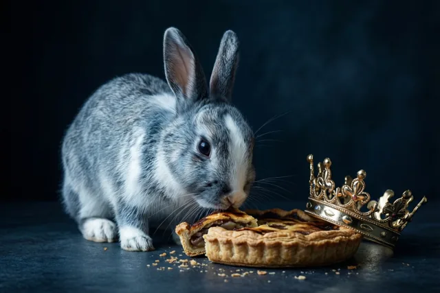 Een grijs-wit konijn snuffelt aan een stuk taart op een donker oppervlak, met een gouden kroon naast de taart en een donkere achtergrond.