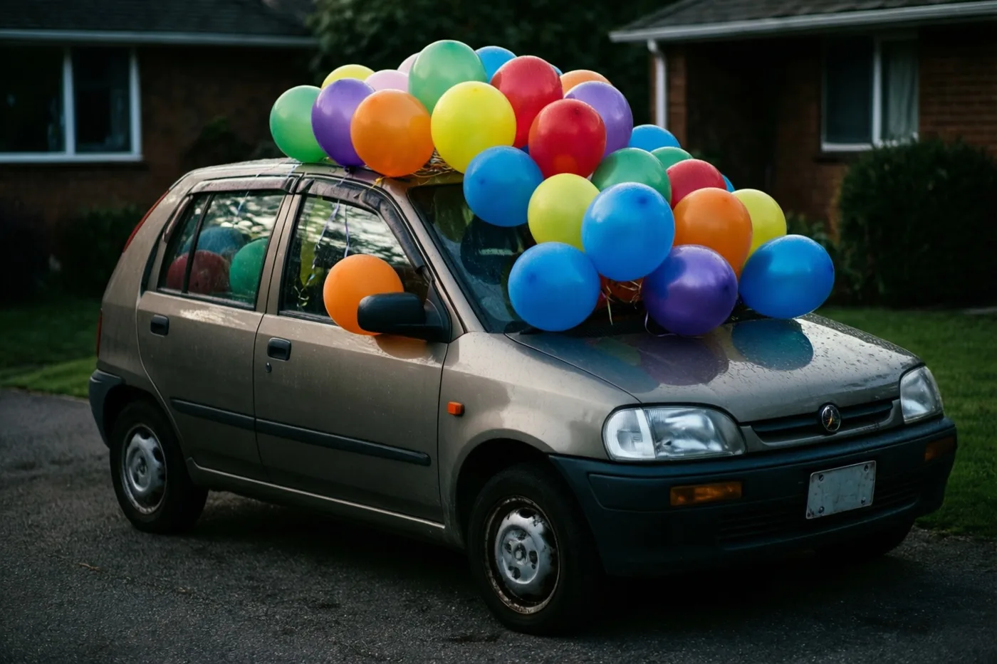 Een kleine grijze auto met kleurrijke ballonnen op het dak en de motorkap staat op een oprit voor een bakstenen huis met groen gras.