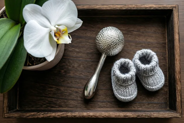 Een zilveren rammelaar en kleine grijze gebreide babyslofjes liggen op een donker houten dienblad met een witte orchidee in een pot ernaast.