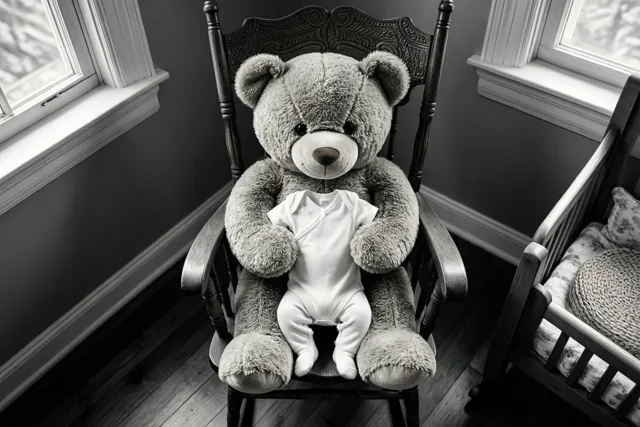 Een zwart-witfoto toont een grote grijze teddybeer met een wit babypakje in een donkere houten schommelstoel, in een babykamer met ramen en een houten vloer.