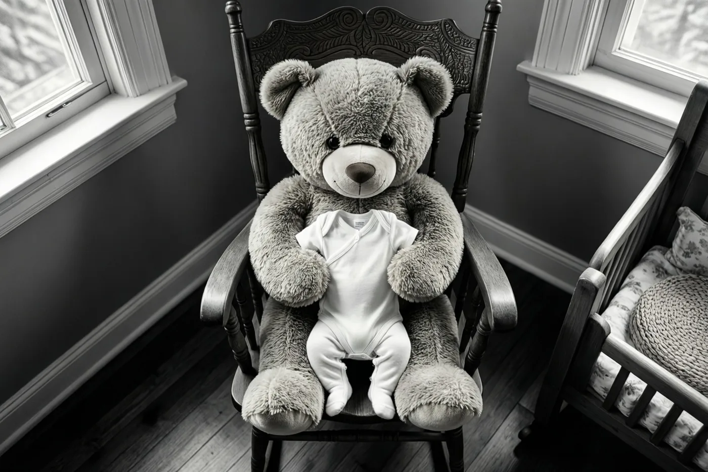 Een zwart-witfoto toont een grote grijze teddybeer met een wit babypakje in een donkere houten schommelstoel, in een babykamer met ramen en een houten vloer.