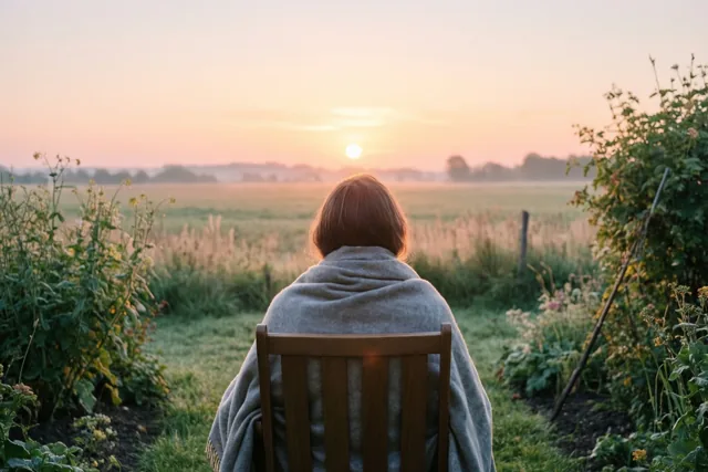 Een persoon met roodachtig haar zit van achteren gezien in een houten tuinstoel onder een grijze deken, met uitzicht op de opkomende zon boven een mistig veld in pasteltinten.