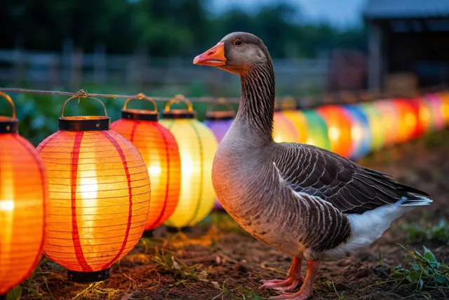 Een grijze gans staat bij valavond op een boerenerf naast een rij brandende papieren lampionnen die oranje en geel licht verspreiden.