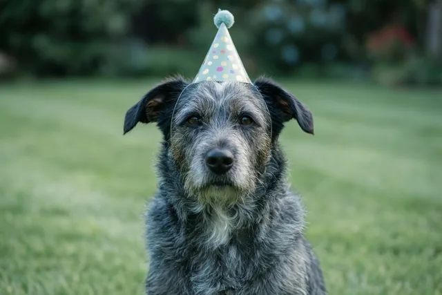 Een ruwharige grijze hond met witte borst zit op een groen gazon en draagt een lichtblauw feesthoedje met gekleurde stippen en een pompon.