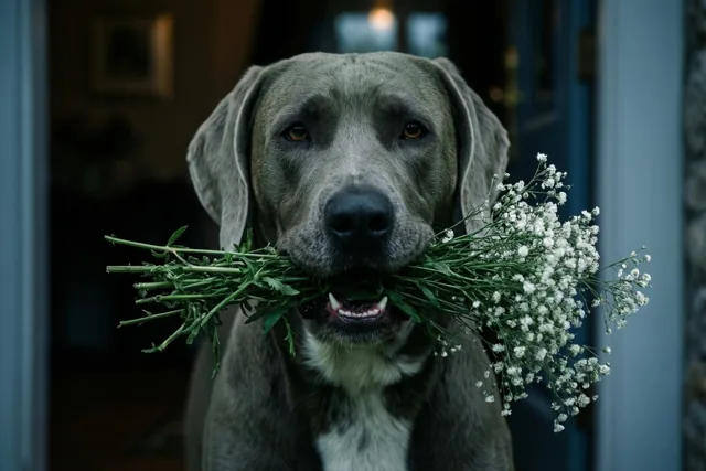 Een grijze hond met een witte borst kijkt recht naar de camera met wit gipskruid en groene stelen in zijn bek, in een deuropening met een donker interieur erachter.