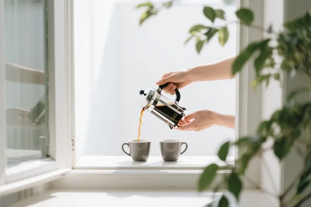 Twee handen schenken koffie uit een cafetière in twee grijze kopjes op een vensterbank, met zacht daglicht en groen blad vooraan en achteraan.