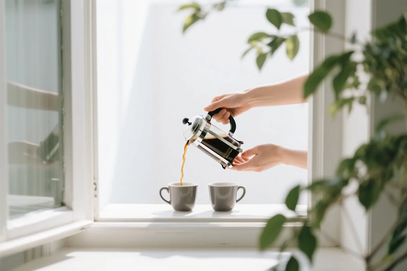 Twee handen schenken koffie uit een cafetière in twee grijze kopjes op een vensterbank, met zacht daglicht en groen blad vooraan en achteraan.