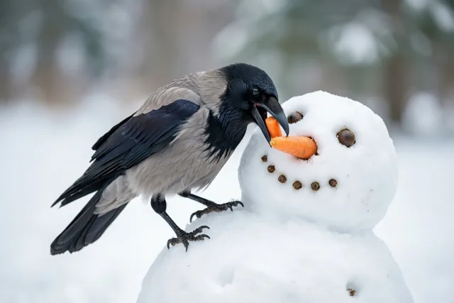 Een kraai met zwarte en grijze veren zit op de schouder van een sneeuwman en trekt aan zijn wortelneus, met besneeuwde bomen vaag op de achtergrond.